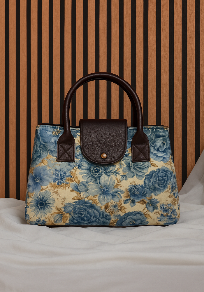 Blue Floral Tote Bag with Pouch – Elegant & Functional Everyday Carry