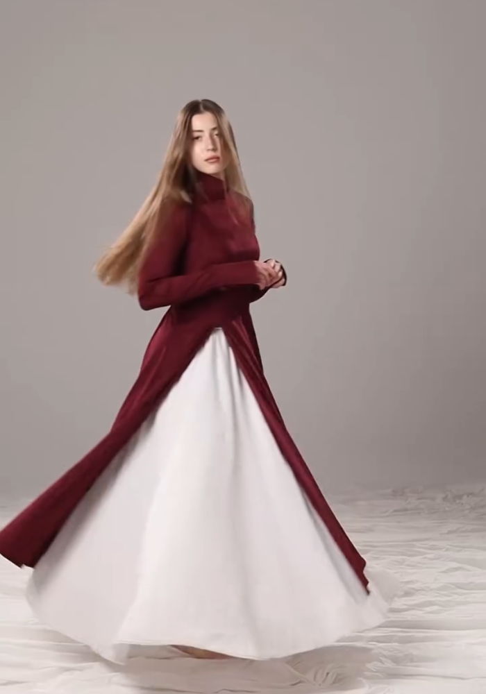 Maroon Velvet Fit & Flare Dress with White Skirt