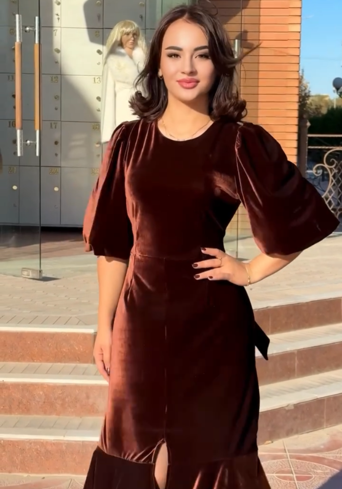 Chocolate Brown Velvet Puff Sleeve Midi Dress