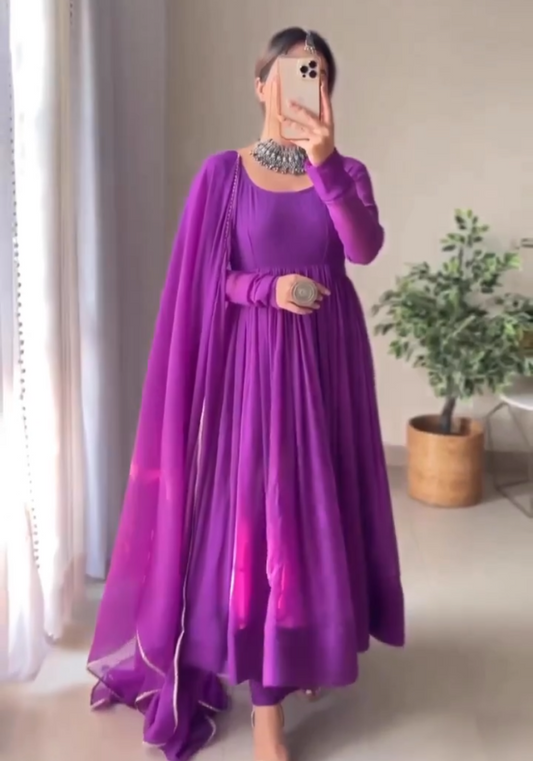 Royal Purple Heavy Georgette Flare Maxi with Dupatta