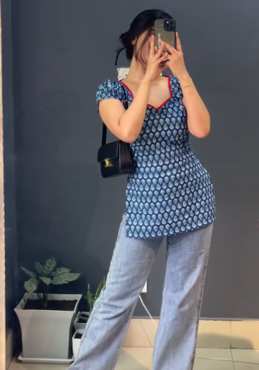 Indigo Bloom Cotton Short Kurti