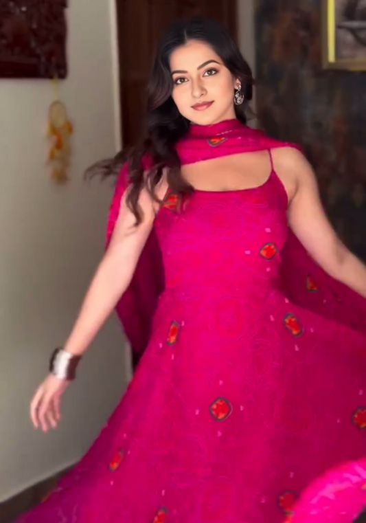 Gulabi Grace- Pink bandhej georgette anarkali with dupatta