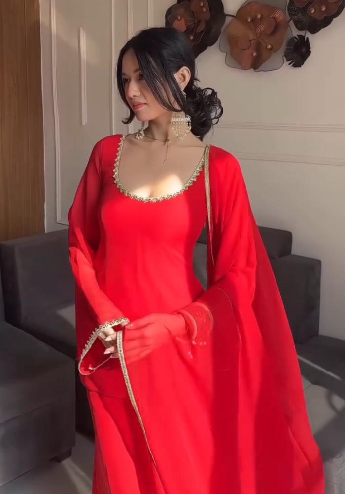 Crimson Glow – Red Georgette Kurti Pant Dupatta Set