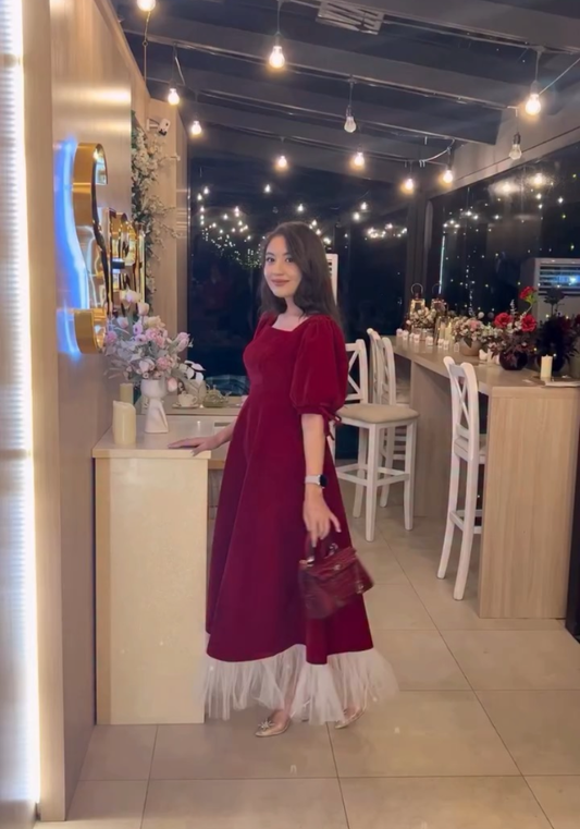 Maroon Velvet Midi Dress with Puff Sleeves & Tulle Hem
