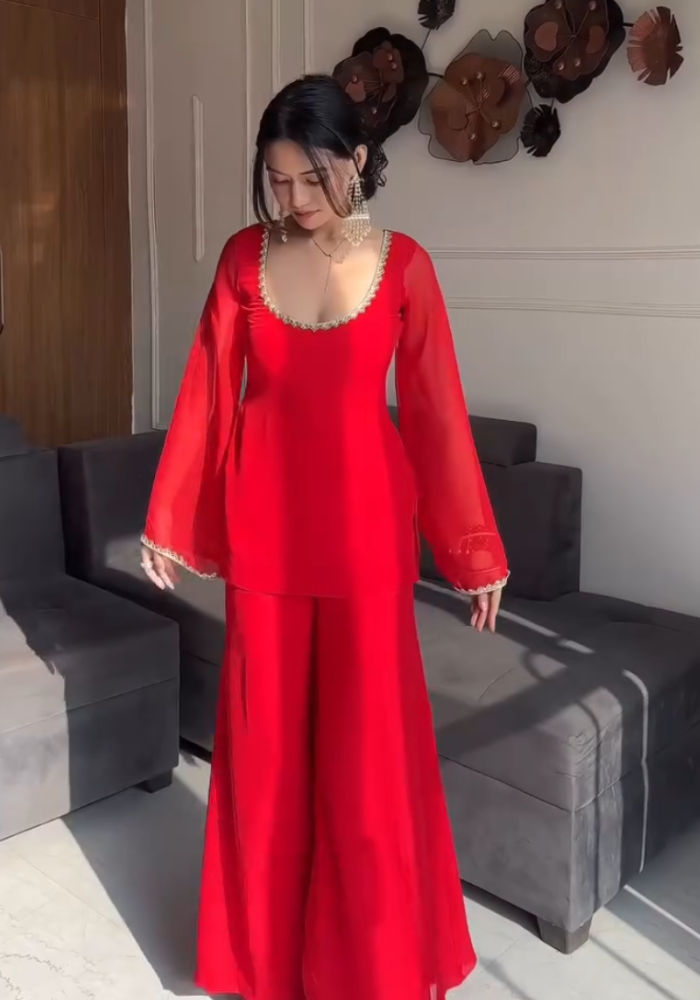 Crimson Glow – Red Georgette Kurti Pant Dupatta Set