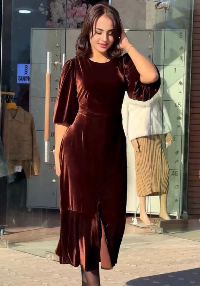 Chocolate Brown Velvet Puff Sleeve Midi Dress