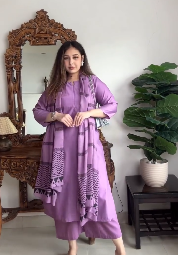 MD Purple Rayon Kurta Pant Set with Printed Dupatta