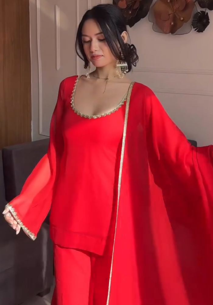 Crimson Glow – Red Georgette Kurti Pant Dupatta Set