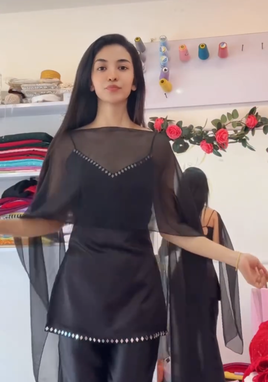 Vintage Vibes Black Georgette Mirror Work Set