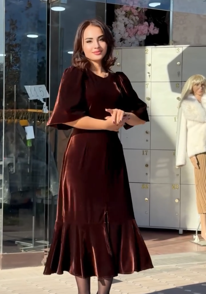 Chocolate Brown Velvet Puff Sleeve Midi Dress