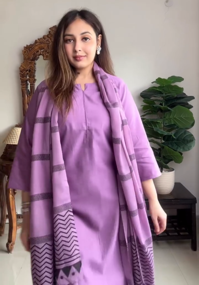 MD Purple Rayon Kurta Pant Set with Printed Dupatta
