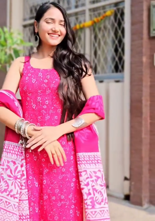 Pink Petals Cotton Kurta Plazo Mulmul Dupatta Set