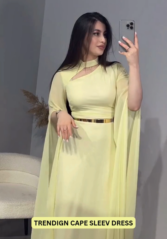 Georgette Gown with Cape Sleeves and Gold Belt