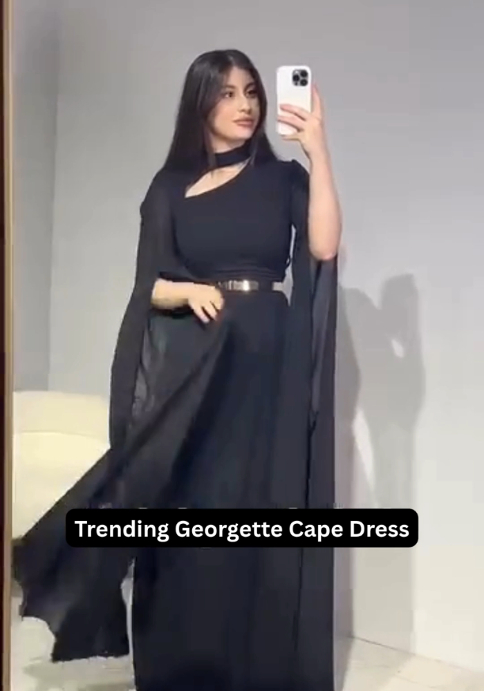 Georgette Gown with Cape Sleeves and Gold Belt
