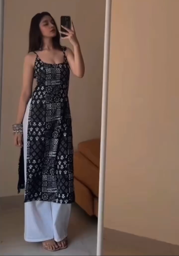 Black Whisper- printed cotton kurta with white pants