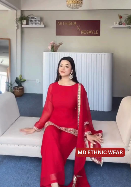 Soniyee Premium Suit – Bold Red with Classic Embroidery Border