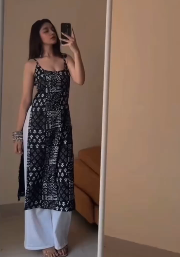 Black Whisper- printed cotton kurta with white pants