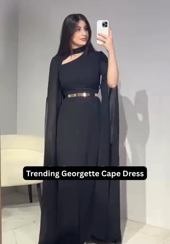 Georgette Gown with Cape Sleeves and Gold Belt