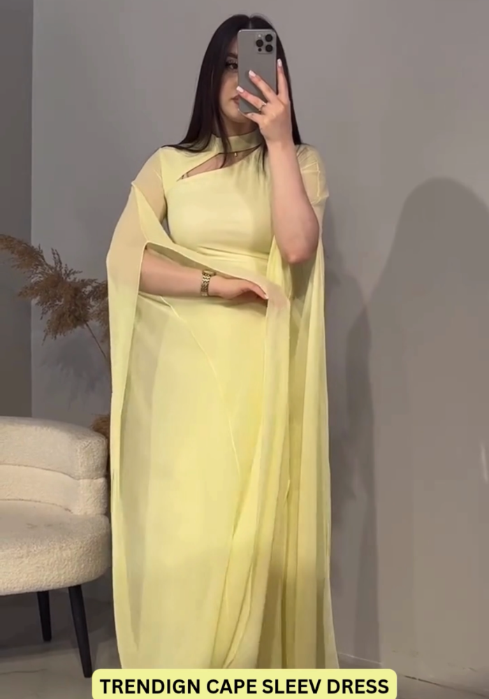 Georgette Gown with Cape Sleeves and Gold Belt