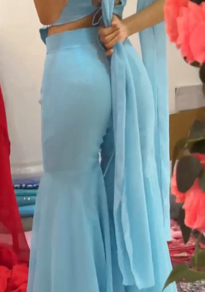 Classic Mirror Work Sky Blue Georgette Set