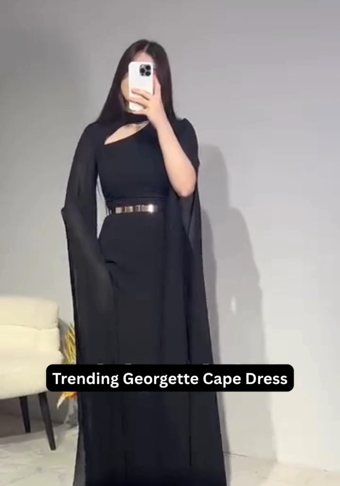Georgette Gown with Cape Sleeves and Gold Belt