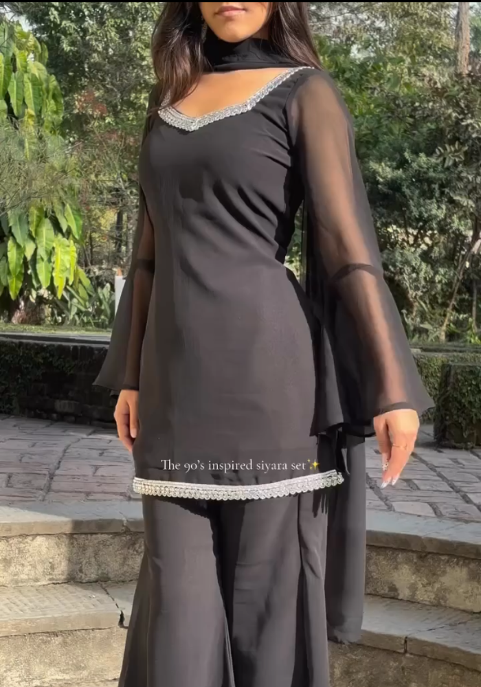 90s Inspired Black Georgette Kurta Pant Dupatta Set