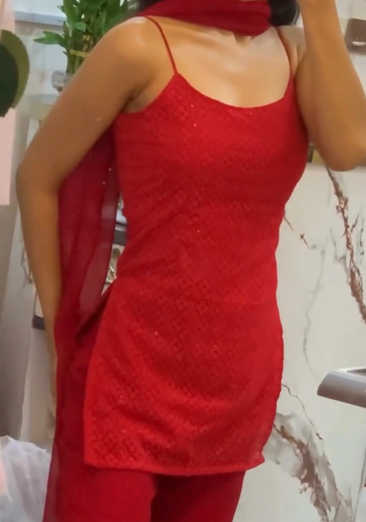 Red Schiffli Elegance Sharara And Dupatta Set