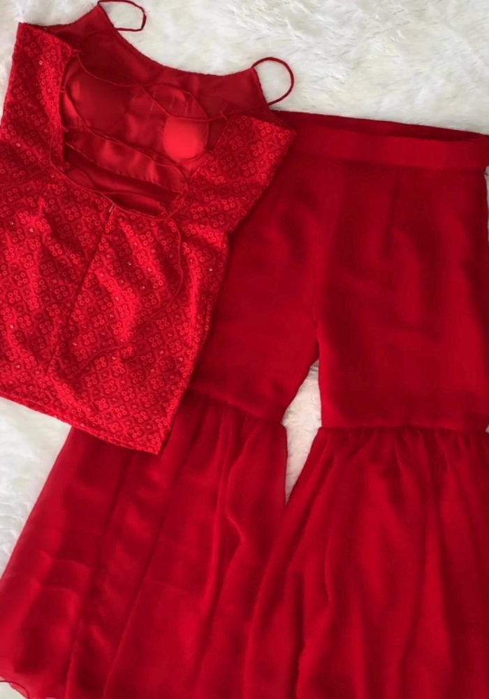 Red Schiffli Elegance Sharara And Dupatta Set