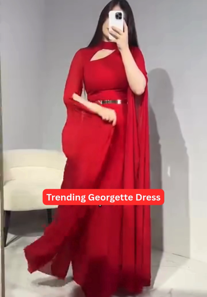 Georgette Gown with Cape Sleeves and Gold Belt