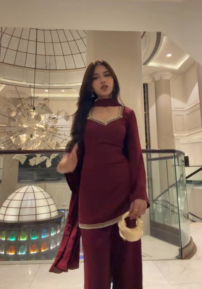 MD Premium Maroon Georgette Suit – Kurta, Pant & Dupatta Set