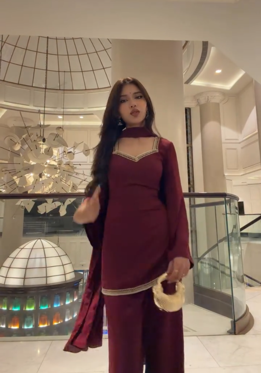 MD Premium Maroon Georgette Suit – Kurta, Pant & Dupatta Set