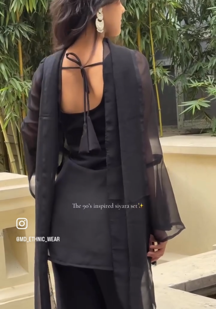 90s Inspired Black Georgette Kurta Pant Dupatta Set