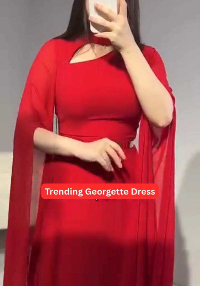 Georgette Gown with Cape Sleeves and Gold Belt