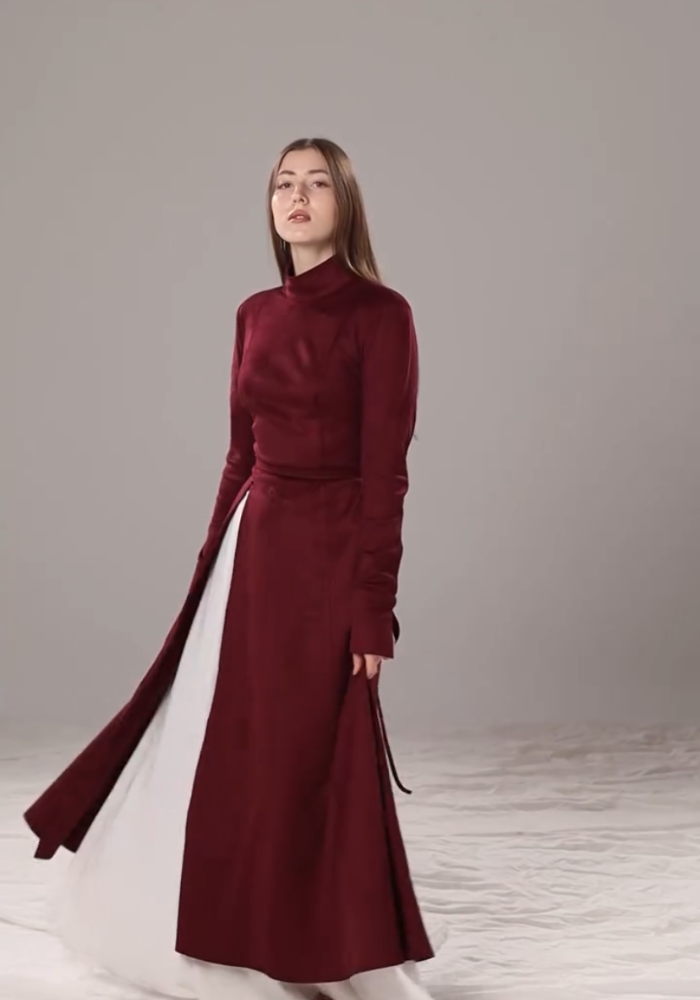 Maroon Velvet Fit & Flare Dress with White Skirt