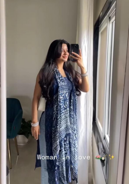 Bagru Handblock Cotton Kurta with Mulmul Dupatta
