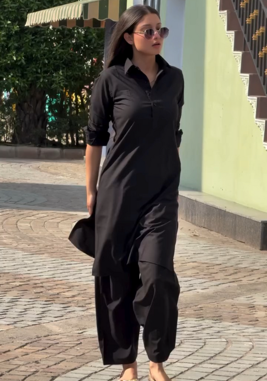 Midnight Grace: Black Rayon Collar Kurta Set