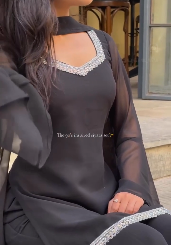 90s Inspired Black Georgette Kurta Pant Dupatta Set