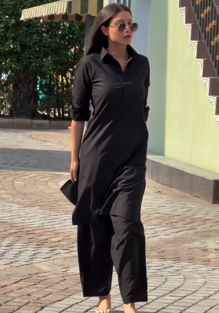 Midnight Grace: Black Rayon Collar Kurta Set