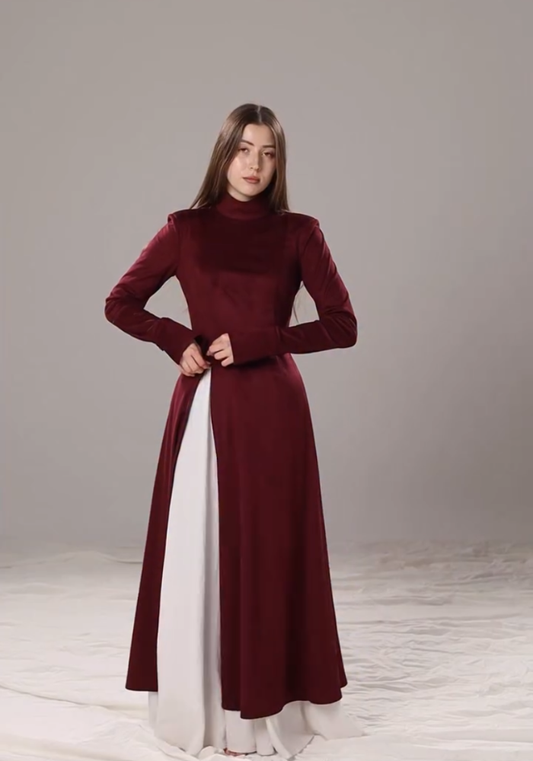 Maroon Velvet Fit & Flare Dress with White Skirt