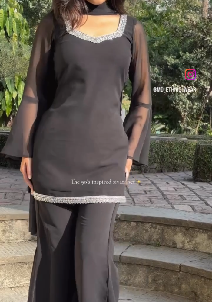 90s Inspired Black Georgette Kurta Pant Dupatta Set