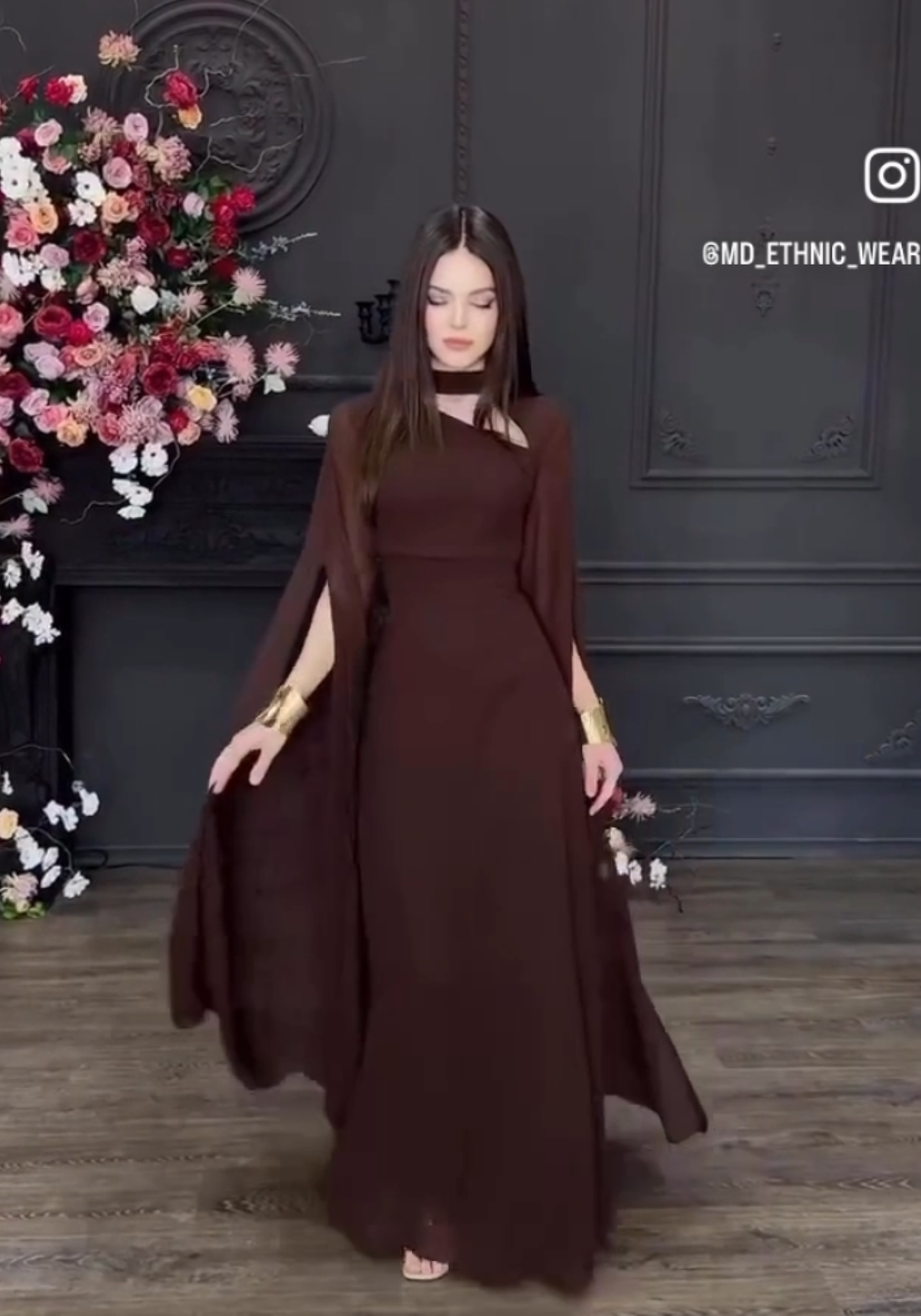 Georgette Gown with Cape Sleeves and Gold Belt