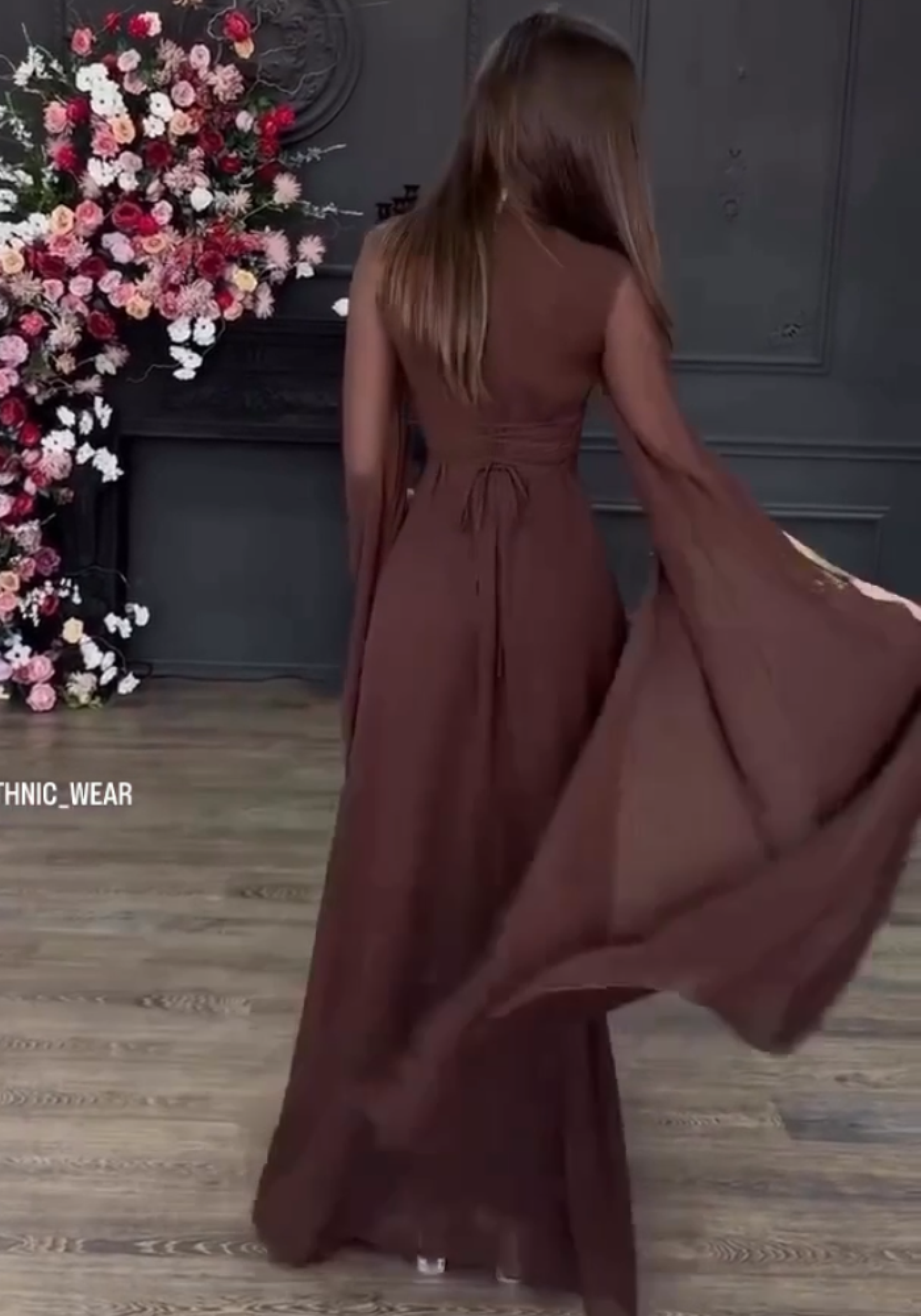 Georgette Gown with Cape Sleeves and Gold Belt