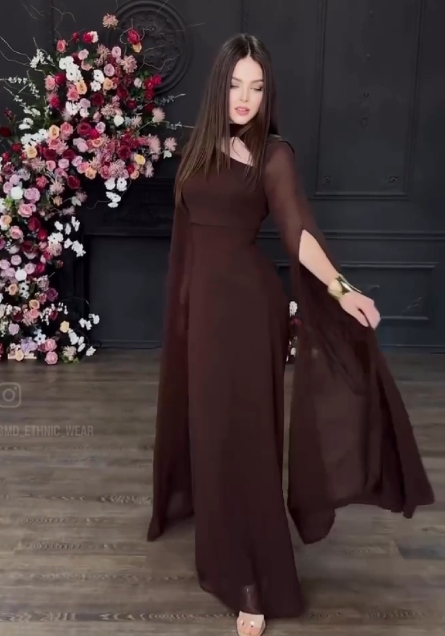 Georgette Gown with Cape Sleeves and Gold Belt
